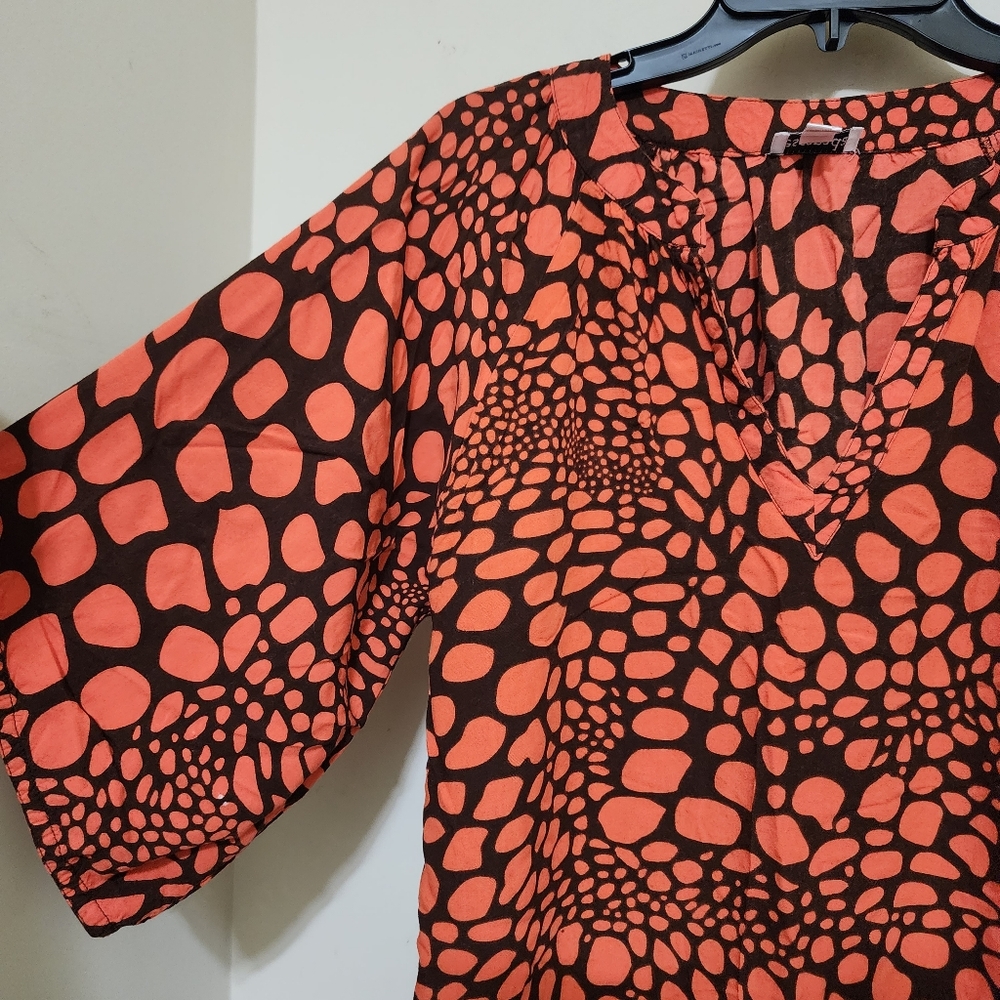 ESCAPADA size Small V Neck Soft Rayon Animal Print Casual Tunic Orange Brown - Picture 10 of 14